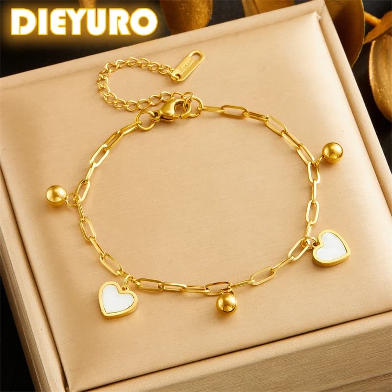 DIEYURO 316L Stainless Steell Heart Double-deck Bracelet New Trend Small Round Bead Non-fading Love Hand Chain Jewelry Gift