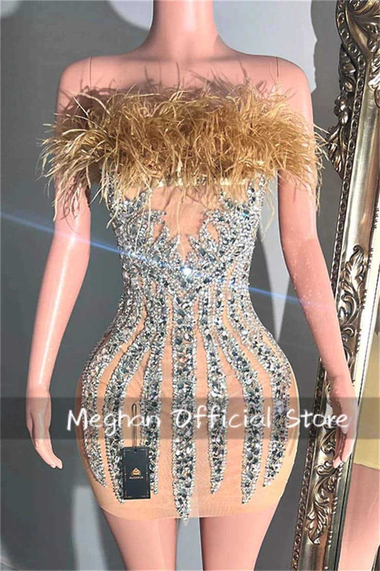 Gold Strapless Short Prom Dresses Black Girl Bead Crystal 2025 Birthday Luxury Dress Feather Mini Cocktail Homecoming Customized