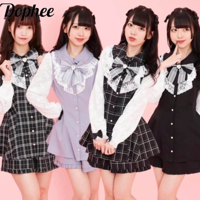 Dophee Japan Style Women Two-piece Set Elegant Bow Long Sleeve Shirt Dress Lolita Top Gothic Ruffles Loose Shorts Casual Suits