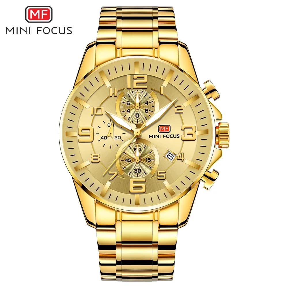 MINI FOCUS 0278 Men's Luxury Gold Quartz Watch Large Dial Luminous Waterproof Steel Strap Chronograph Business Fashion Watches