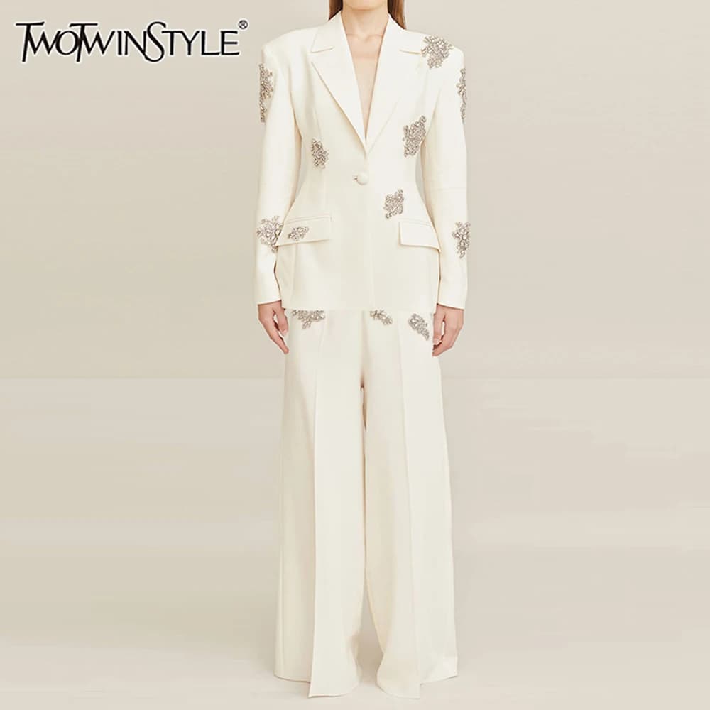 TWOTWINSTYLE Spliced Diamonds Two Piece Set For Women Notched Collar Long Sleeve Top High Waist Wide Leg Pant Elegant Set Female