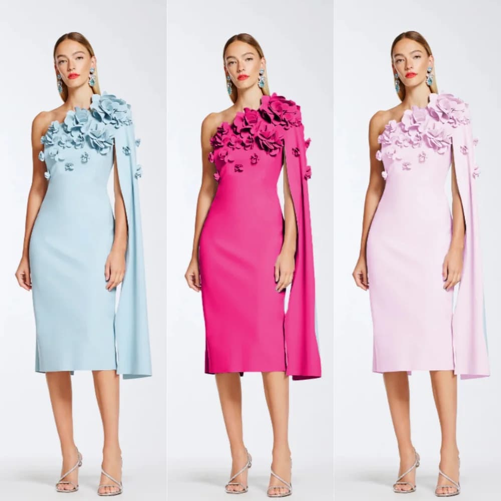 Customized Jersey Flower Draped Quinceanera A-line One-shoulder Bespoke Occasion Gown Knee Length Dresses