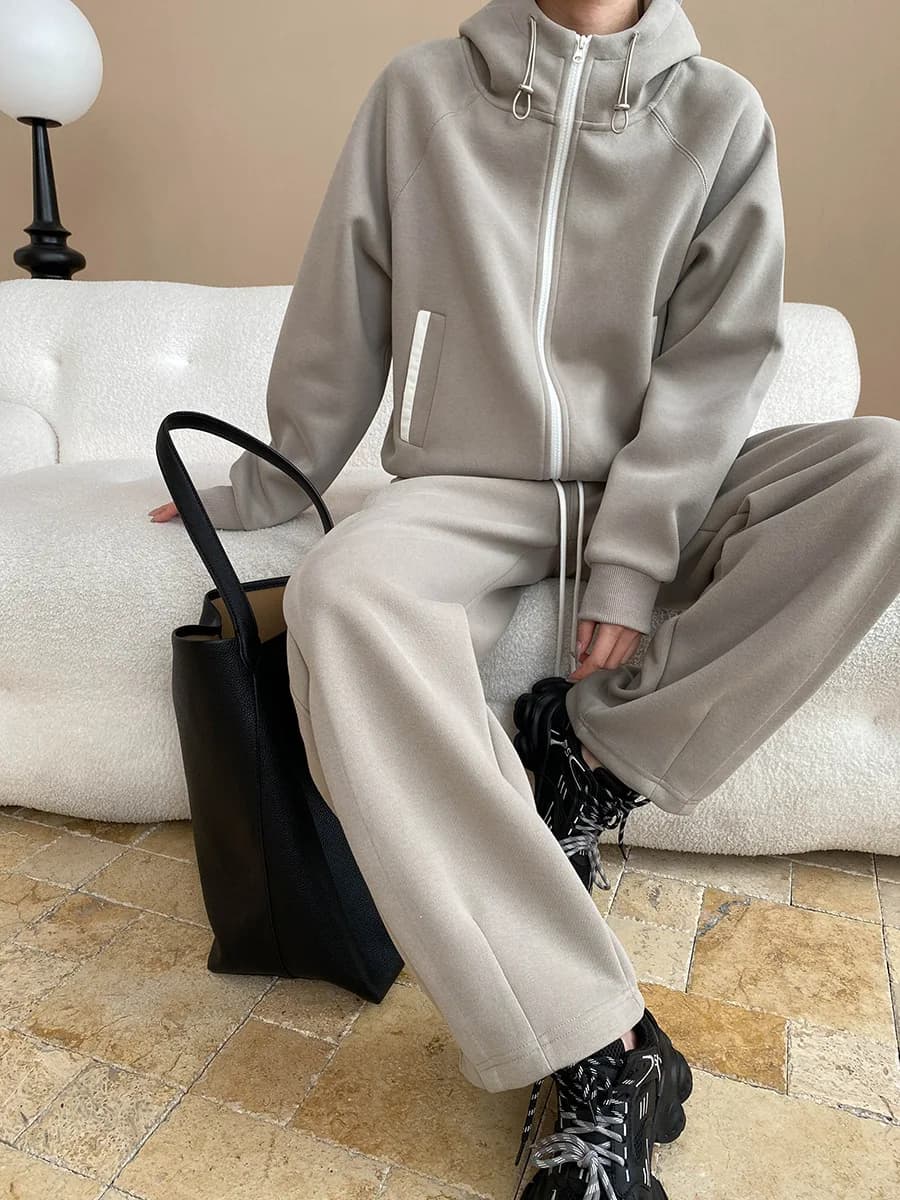 Spring and Autumn Women's Casual Solid Color Loose Hooded Sweatshirt+High Waist Loose Pants Set