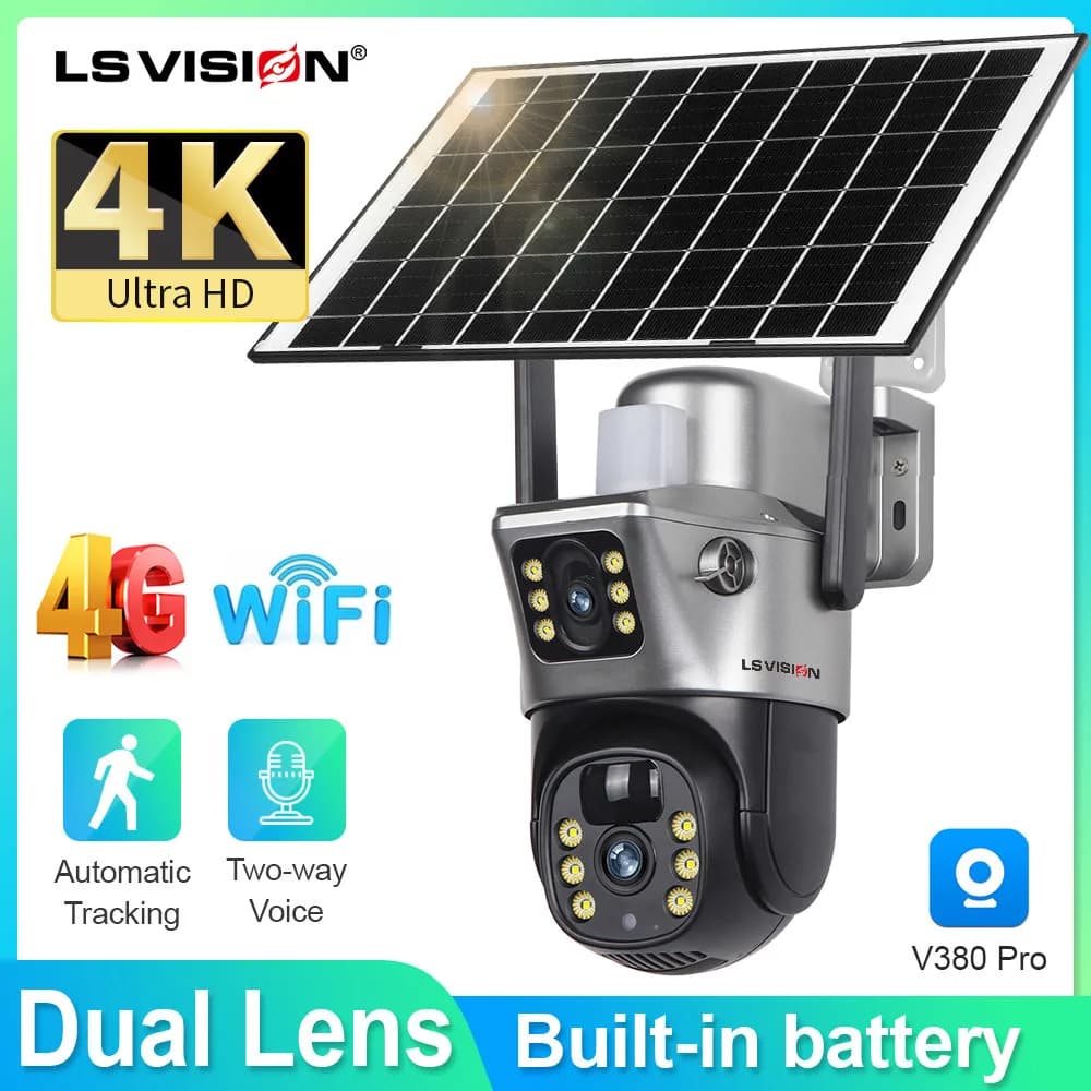 LS VISION 4K Solar Camera 8MP 4G SIM Card Dual Lens Screen Wifi Surveillance PTZ Battery Camera Color Night Vision PIR Detect