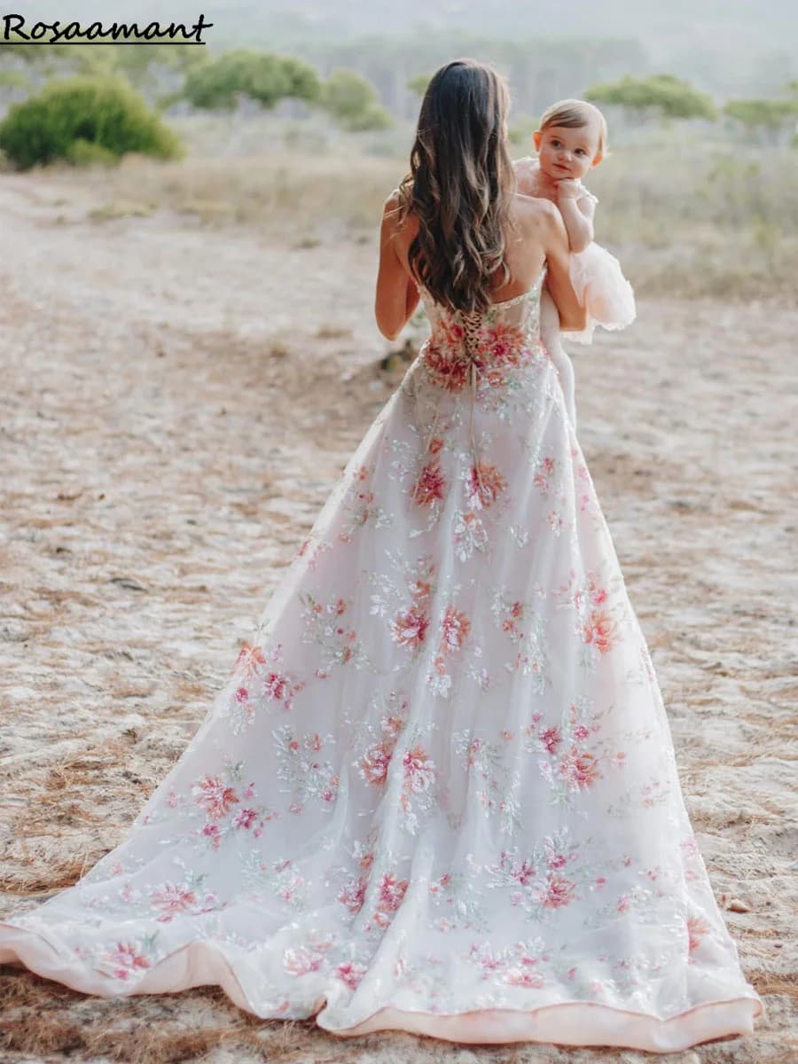 Glitter Sequined Floral Lace A-Line Wedding Dresses Sweetheart Sleeveless Corset Bridal Gowns Robe De Mariee