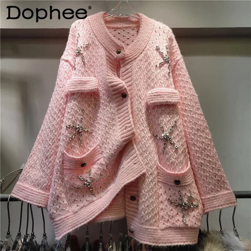 Hollow Sweater Cardigan Autumn and Winter Loose Heavy Industry Diamond-encrusted Round Neck Long-sleeved Knitted Sweater Women