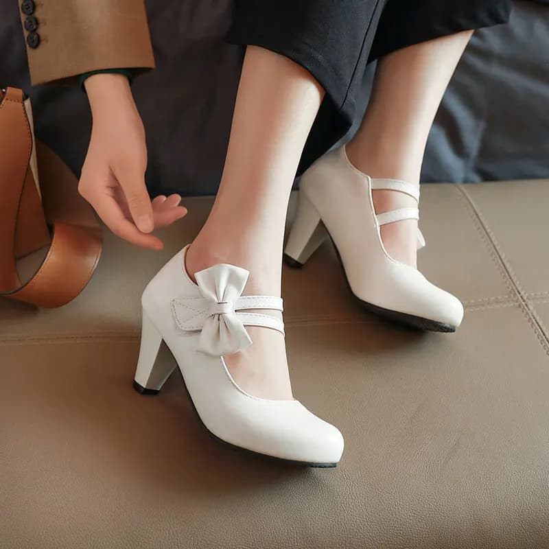 Brief Pumps Round Toe Women's Shoes With Straps Beige High Heels Shallow Mouth Sweet Buckle Big 12cm Bow Casual Leather PU Leisu
