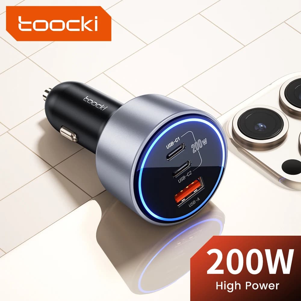 Toocki 200W Car Charger Quick Charge 4.0 PPS PD Fast Charging USB C Car Phone Charger for Macbook iPhone 15 14 Samsung