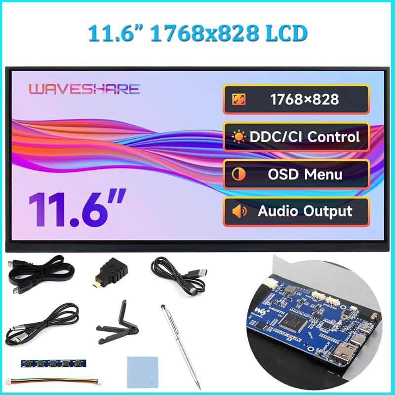 Waveshare 11.6inch Portable IPS Monitor 1768x828 In-Cell HDMI-compatible Laptop Long Strip Display with DDC/DI for Raspberry Pi5