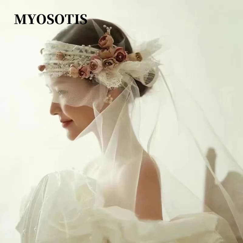 French Style Vintage Bride Wedding Veil Roses Flower Bud Hair Jewelry Headpiece Accessories