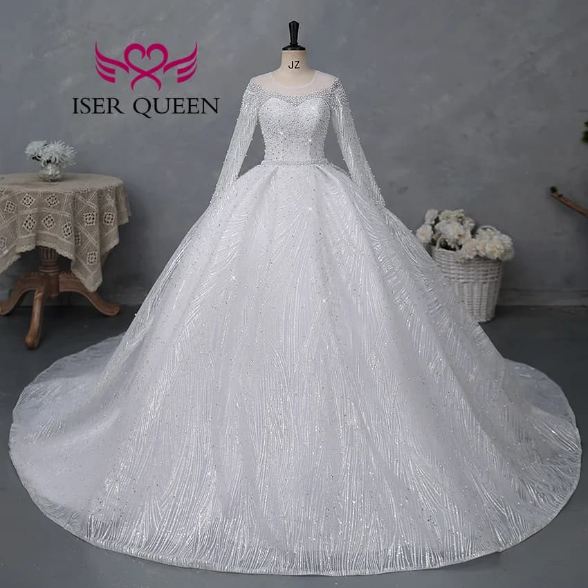 Customized Sheer Neck Long Sleeves Wedding Dress 2025 New Fashion Pearls And Crystal Beaded Luxury Wedding Dress Bride WX0467
