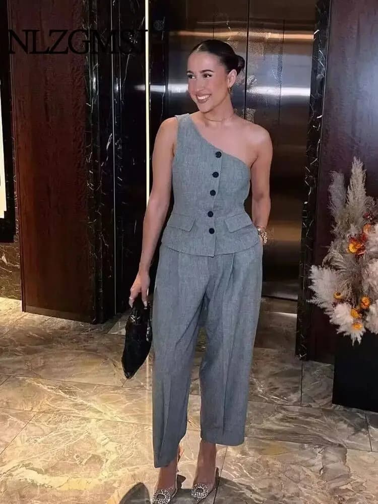 Nlzgmsj TRAF 2023 Women Chic Fashion Office Wear Straight Pants+Vintage Single Shoulder Single Breasted Vests Sets
