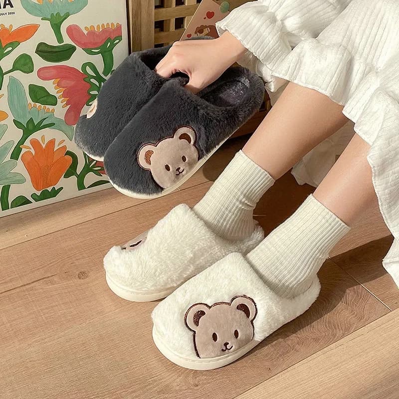 Cute little bear cotton slippers for men and women in winter indoor thick soled warm fluffy couple slippers