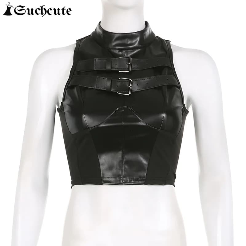 SUCHCUTE Punk Style Leather PU Patchwork Crop Tops Women Grunge Biker Sleeveless Corset Tank Top Streetwear Dark Academia Vest