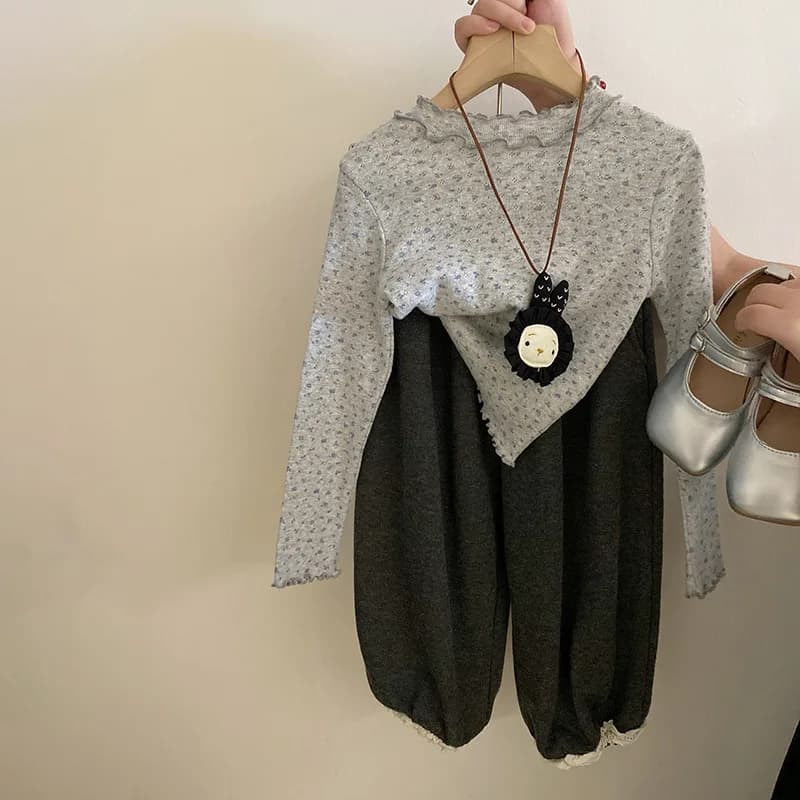 Girls Suit 2024 Autumn New Childrens Wear Korean Baby Girls Wooden Ear Edge Floral Bottom Coat Lace Casual Pants Two-piece Set