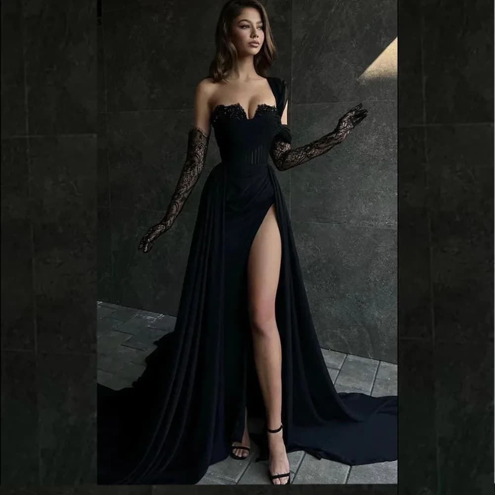 Timeless Lace Strapless Chiffon A-line Prom Dress Side Slit Backless Prom Gown with Sweep Court for Women vestidos de festa