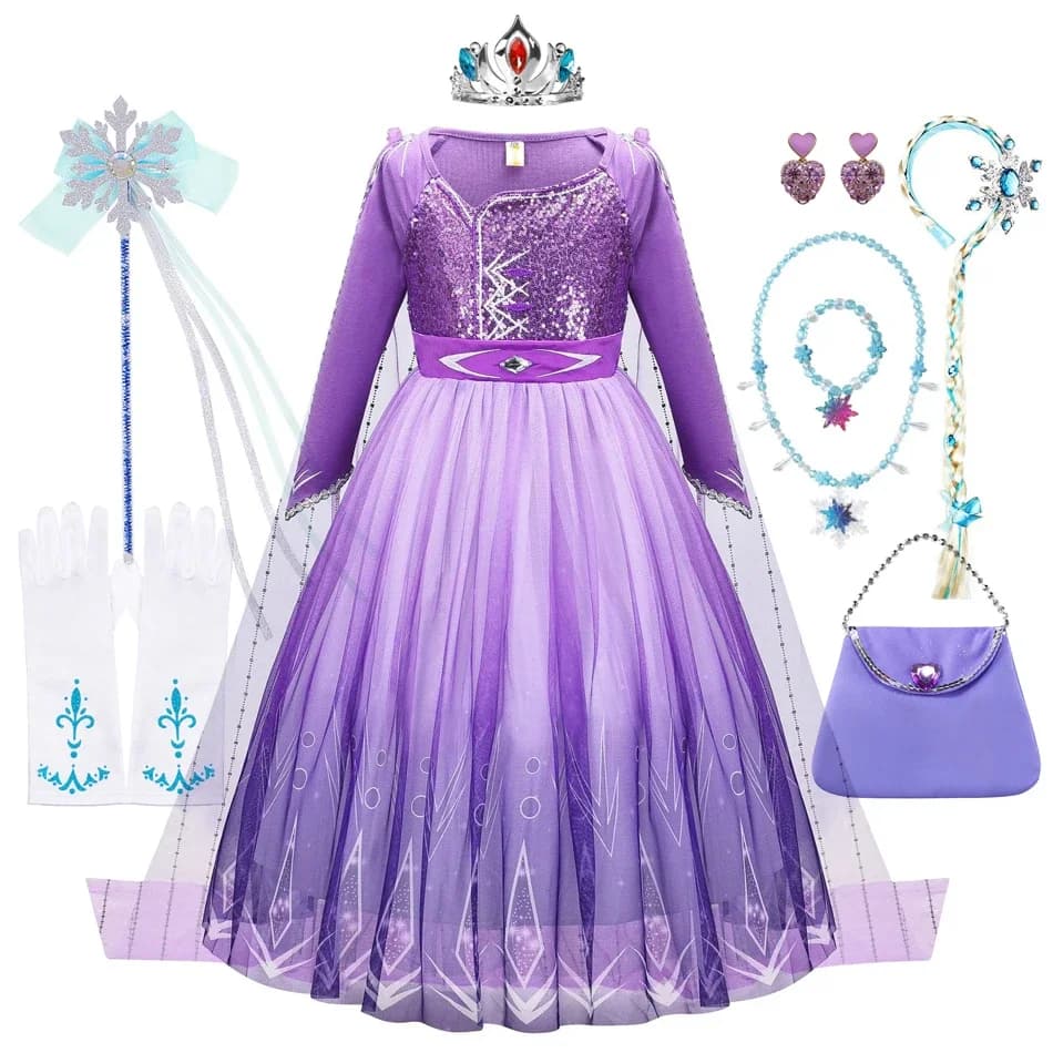 Elsa Dress for Girls Purple Sequin Mesh Birthday Halloween Party Kids Princess Costume Cosplay Snow Queen Clothes Gowns