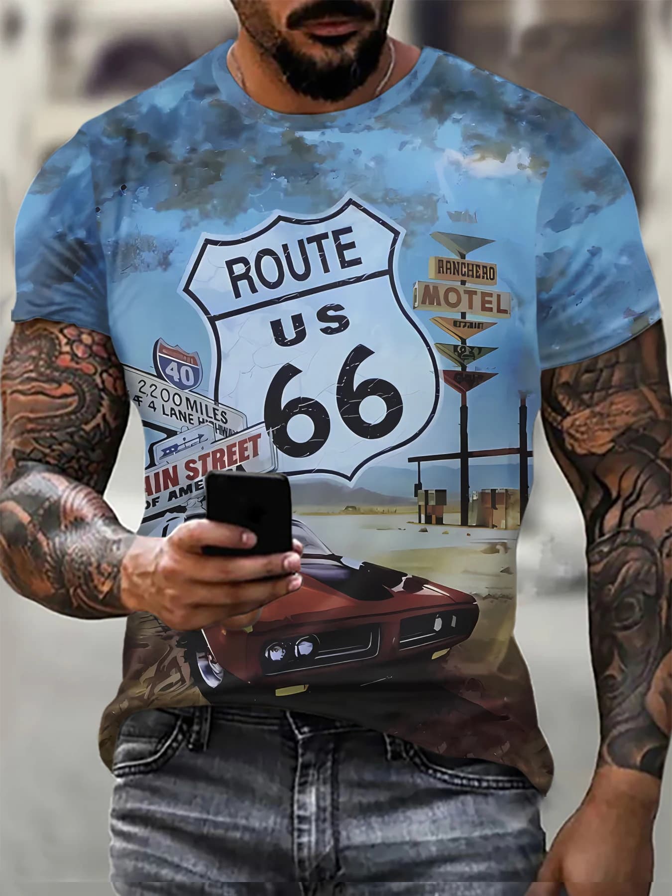 Men's 3D Digital Printed Full Body T-shirt, Road Shield Pattern 66, Summer Leisure, Outdoor Sports, Large Size Clothing