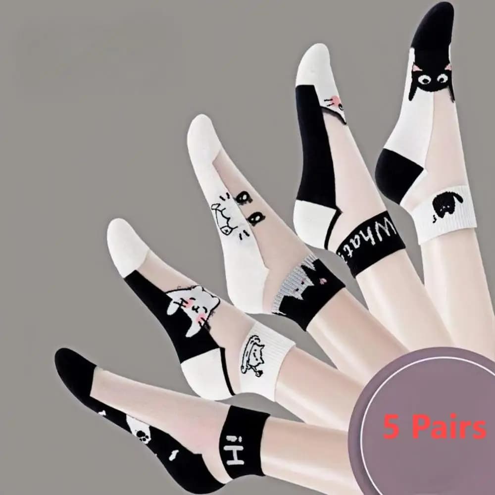 5Pairs Black and white cat women's socks, glass fiber breathable sweat absorbing , wear-resistant and odor proof summer socks