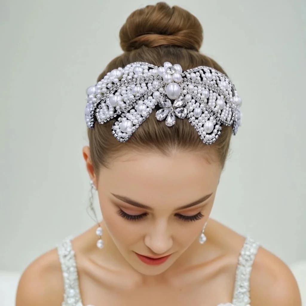 Women Big Pearl Hair Hoop Wedding Crowns For Brides Handmade Hair Band Bright Bachelorette Party Ornaments for Braids HP689