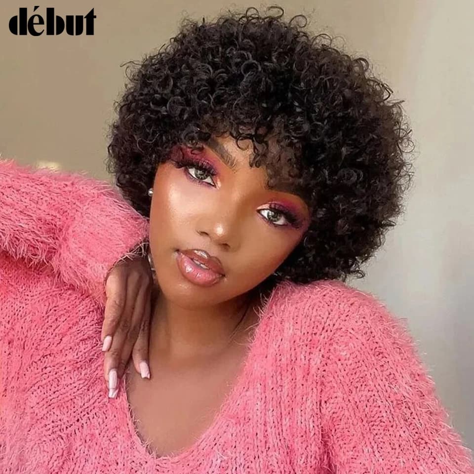 Short Pixie Afro Kinky Curly Wig  Natural Brown Bob Wig with Bangs Brazilian Remy Human Hair Wigs Jerry Curly For Women
