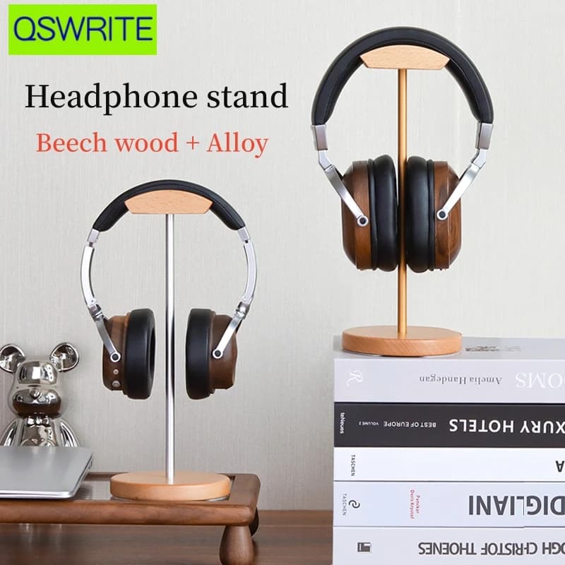 Minimalist Solid Wood Beech Metal Rod Earphone Holder Desktop Hook Game Earphone Storage Holder Curved Holder Fits Earphones