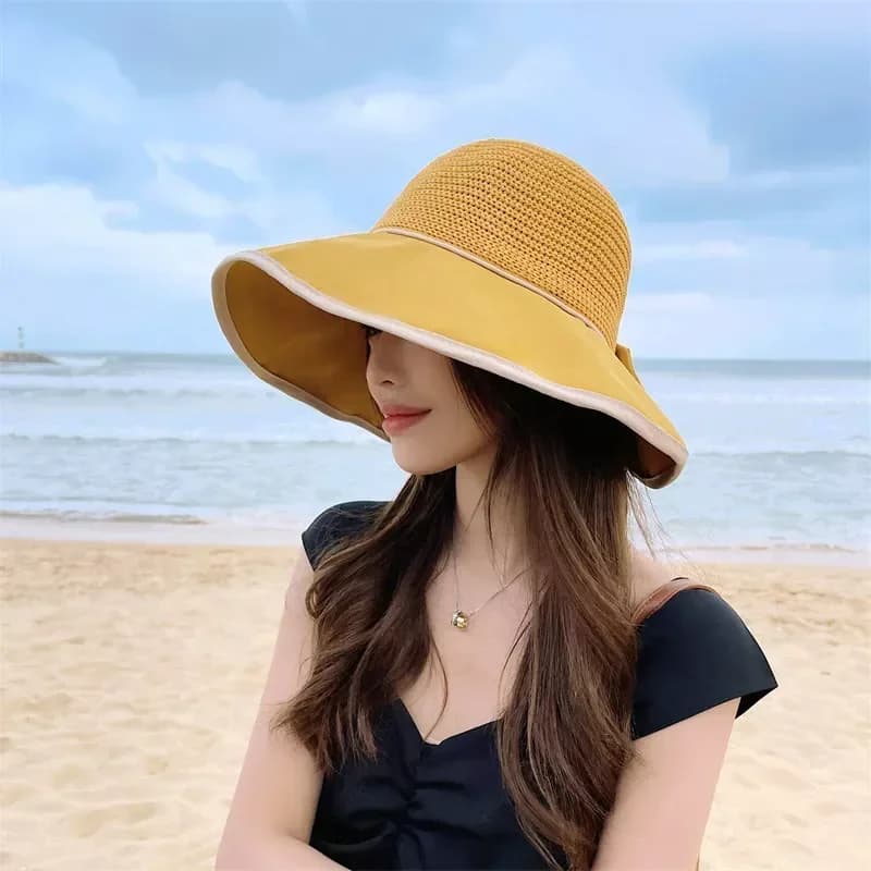 Sun Hats for Women Summer Beach Sunshine Panama Female Travel Woven Straw Hat Lady Fashion Bucket Hat Bow Tie Anti-Sun Outdoor