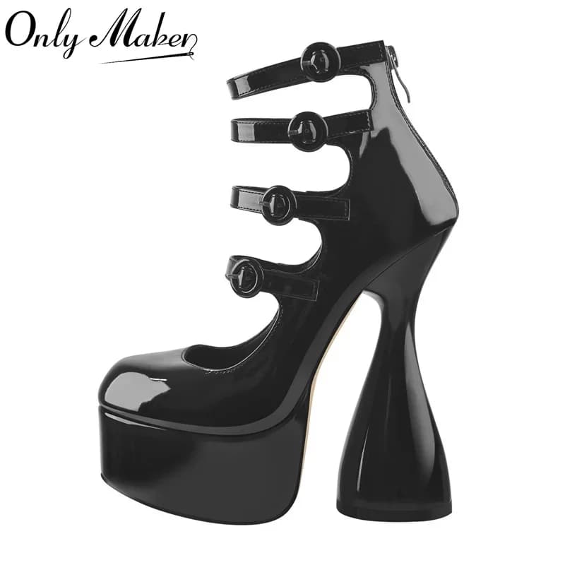 Onlymaker Platform High Heels Strange Style Heels Buckle Decoration Patent Leather Ankle Strap  Spring Autumn Fashion Sandals
