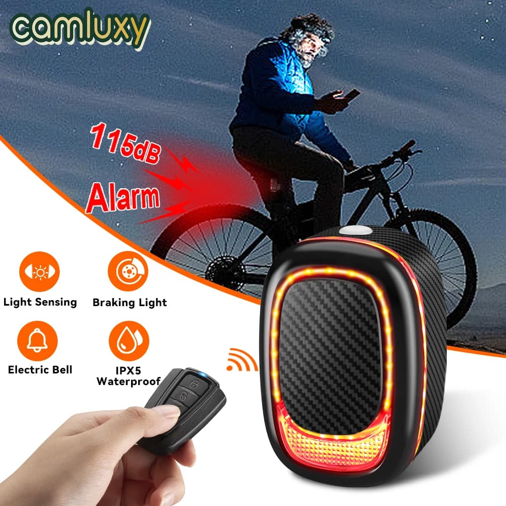 Camluxy Anti-Theft Bike Alarm Remote Control Bike Taillight Bicycle Vibration Alarm 115dB Auto Brake Sensing Light Waterproof