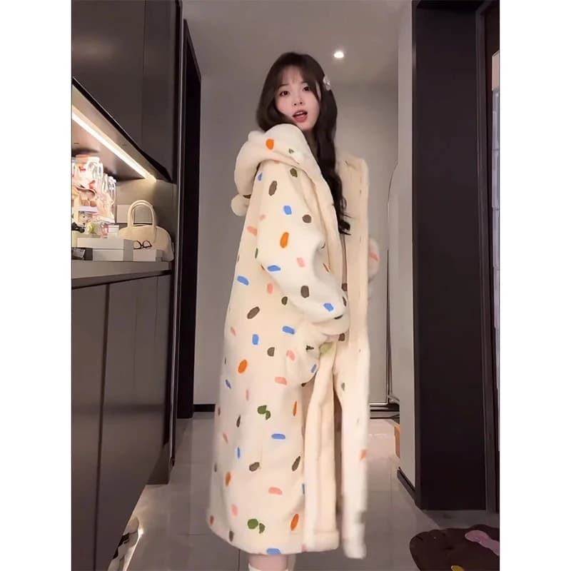 Dot Robe for Women Sleepwear Nightdress Winter Night Wears Warm Fleece Pajama One Piece Nightgown Hooded Long Sleeve Homewear