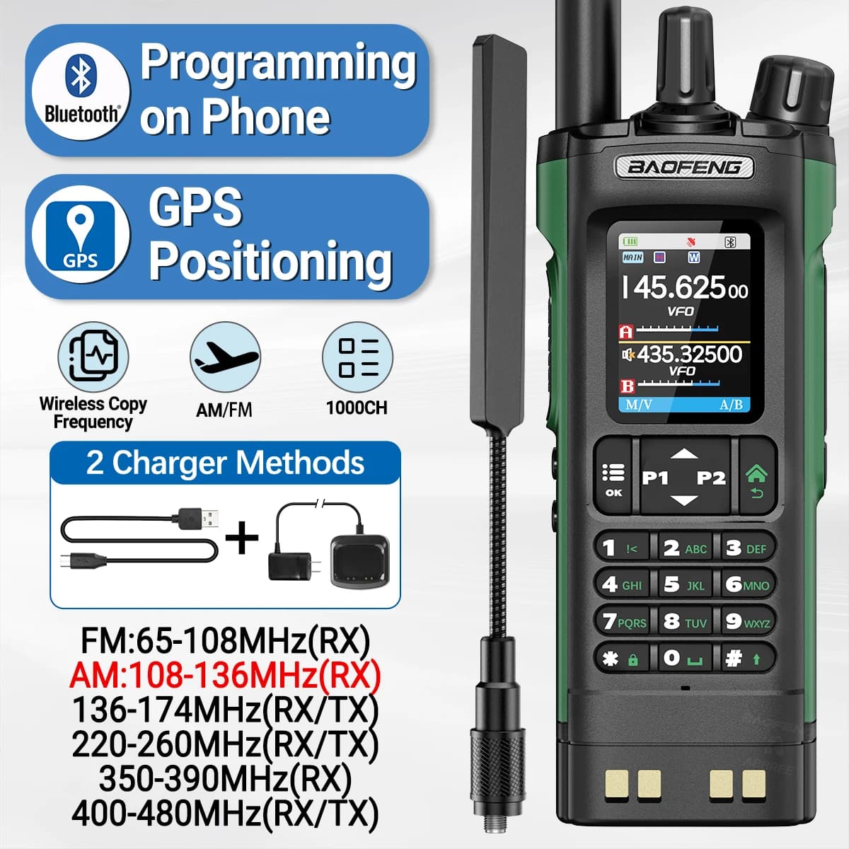 BAOFENG UV-32 GPS Walkie Talkie 10W Multi Band Bluetooth Programming Wireless Copy Frequency NOAA Long Range Ham Two Way Radio