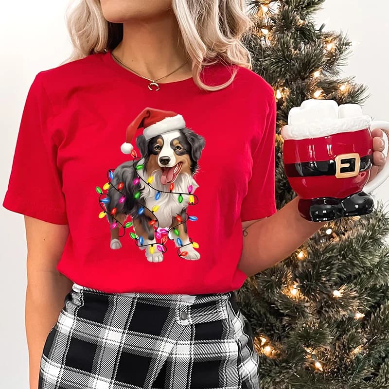 Festive Woman T-shirts Dog Owner Christmas Gift Short Sleeve T-shirt Trendy Girls Clothing Kawaii Cartoon Santa Dog Classic Tops