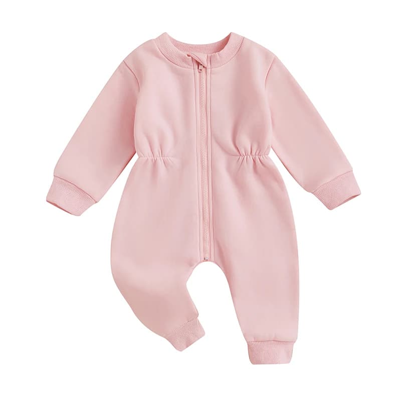 Newborn Baby Fleece Romper Solid Color Long Sleeve Zipper Front Full Length Jumpsuit