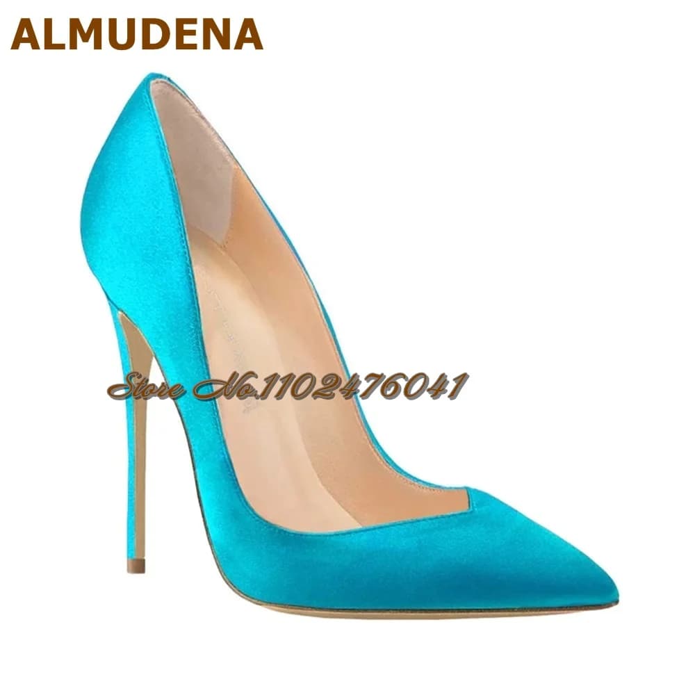 ALMUDENA Turquoise Pink Satin Cloth Shallow V-Cut Dress Pumps Silk Material Slip-On Wedding Shoes 12cm 10cm 8cm Stilettos