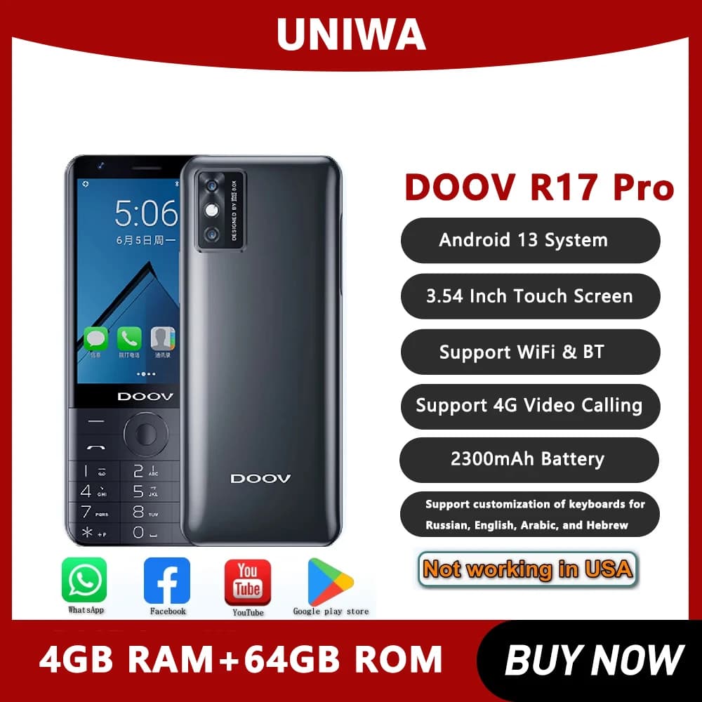 UNIWA DOOV R17 Pro Smart Mobile Phone Whatsapp Android 13 Touch Screen 4G Keypad Phones 3.54" 4GB 64GB 2300mAh Hebrew keyboard