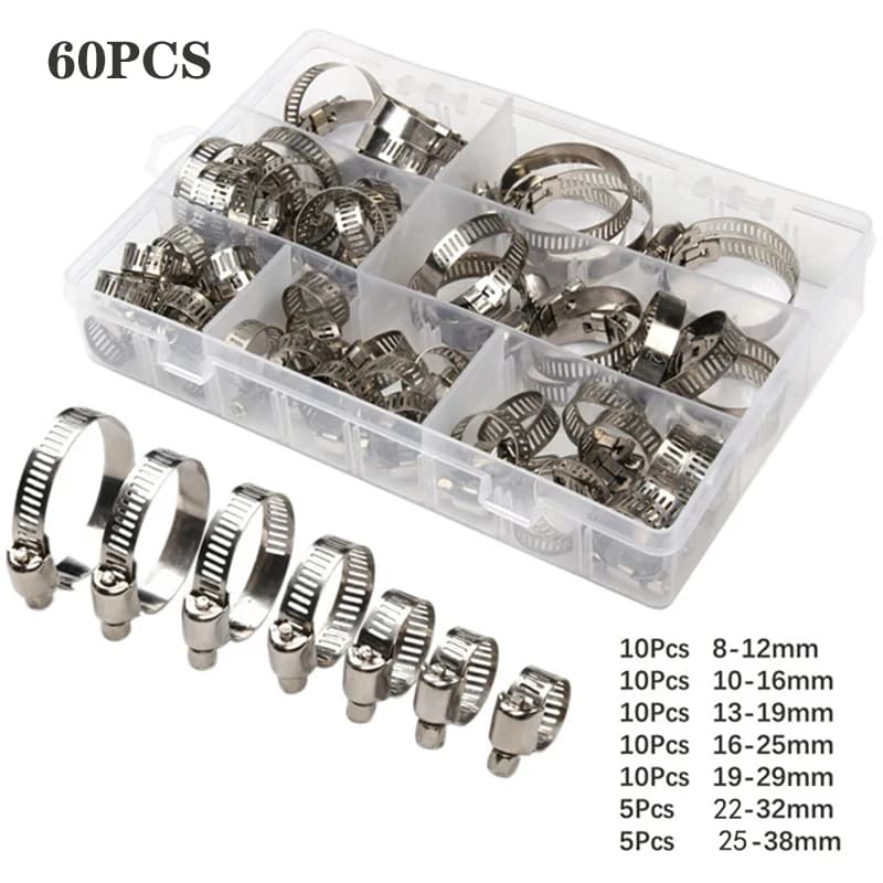 60pcs 8-38mm Adjustable Stainless Steel Screw Band Hose Clamps Car Fuel Hose Clamps Pipe Clamp Worm Gear Clip Hose Clamp