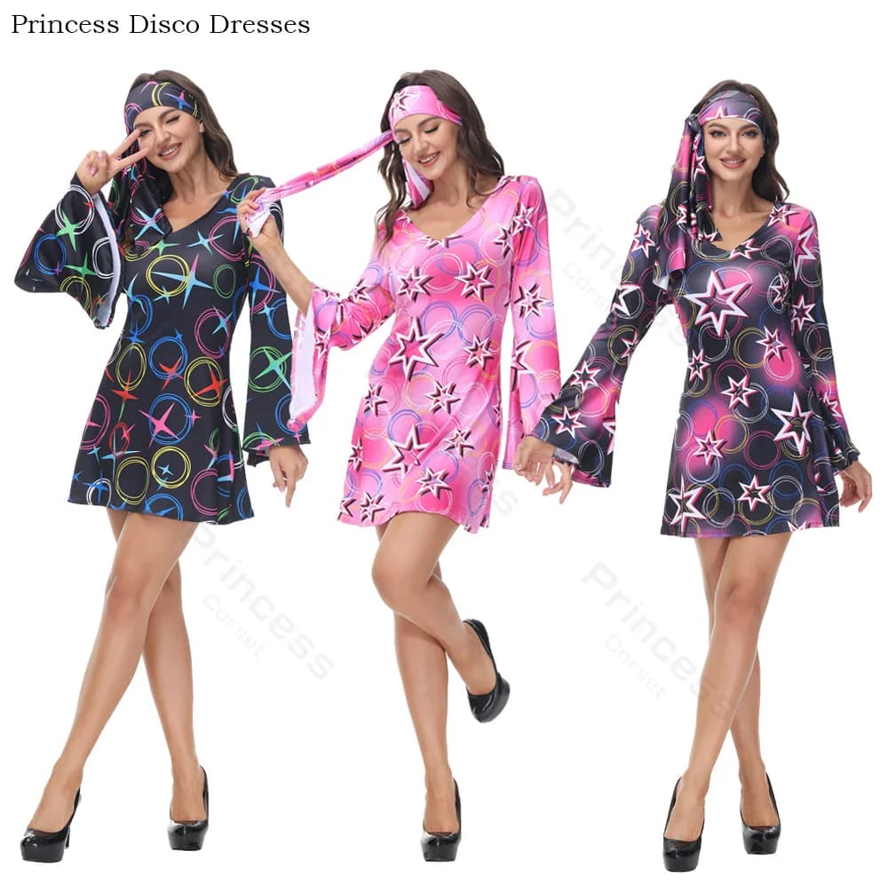 70s Costume Disco Dresses for Women Halloween Costume Sexy Hippie Costume Disco Dress with Disco Headband 70s Outfit Women