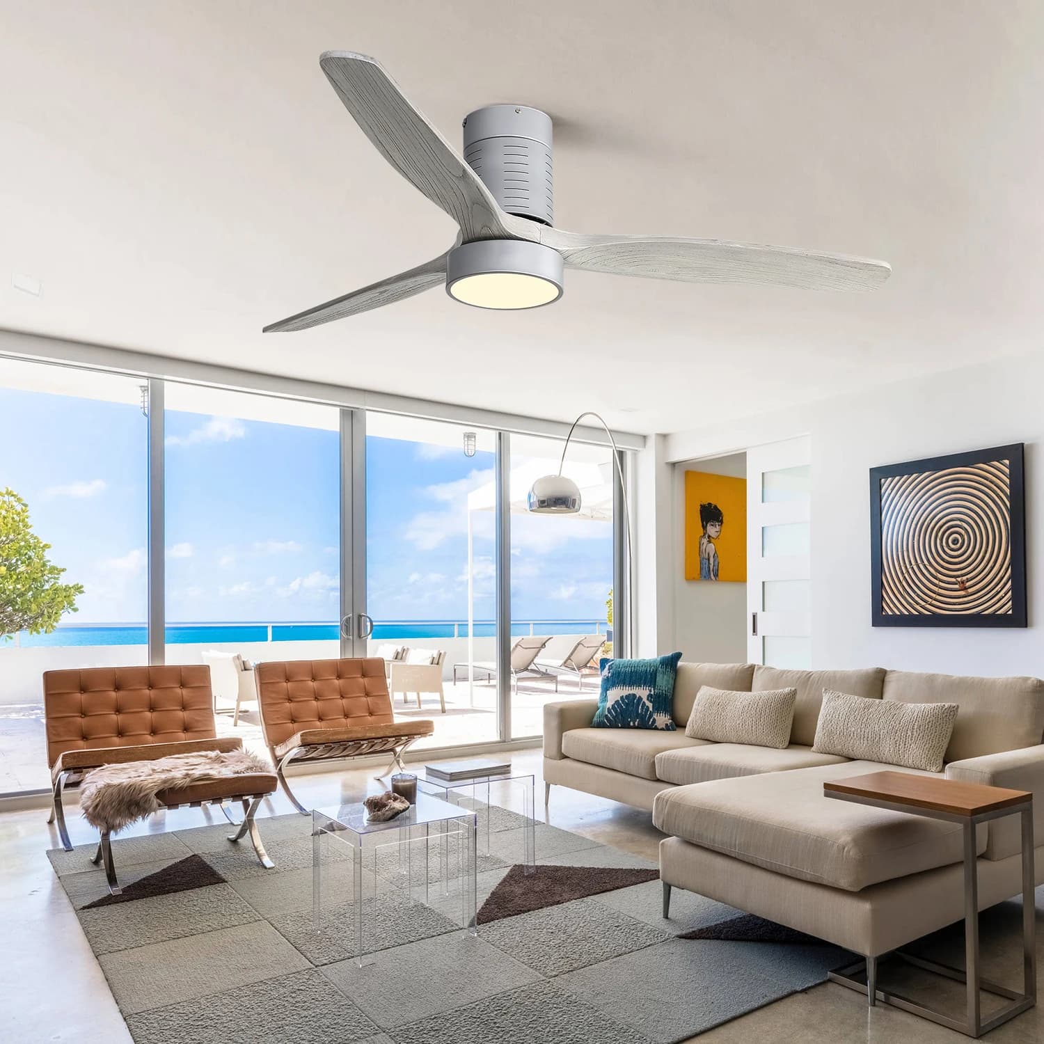 52 Inch Indoor Flush Mount Ceiling Fan With 3 Solid Wood Blades Remote Control Reversible DC Motor With Led Light