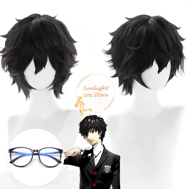 Game P5 Amamiya Ren Cosplay Wigs Black Short Kurusu Akira Cosplay Wig Heat Resistant Synthetic Hair Unisex Anime Wigs + Wig Cap