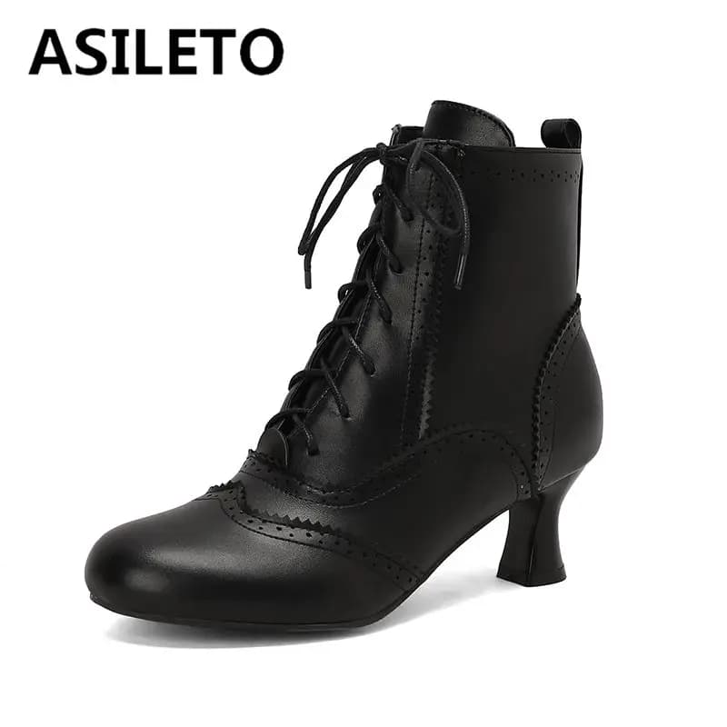 ASILETO Women Ankle Boots Round Toe Small Heels Zipper Lace Up Large Size 48 49 50 Casual Daily Female Bota