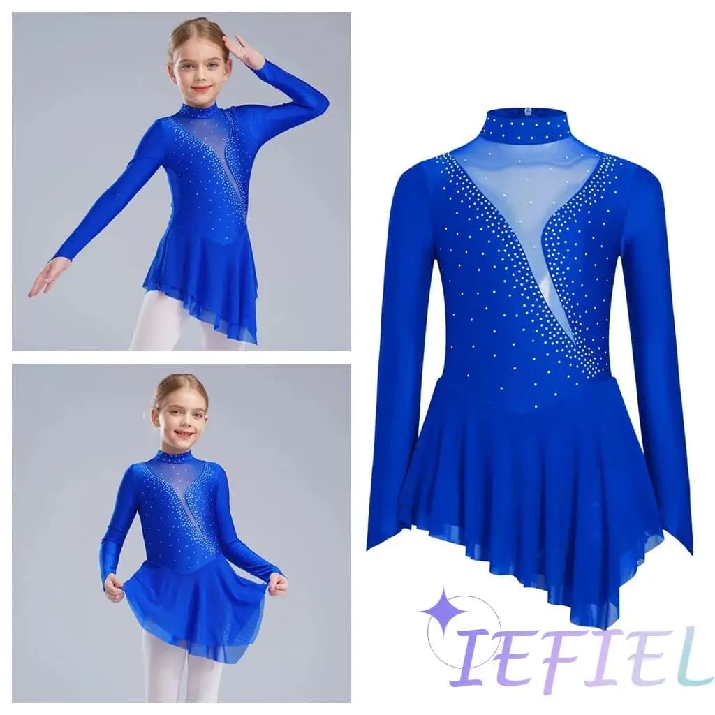 Girls Figure Ice Skating Ballet Dress Stage Lyrical Dance Costume Tutu Skirted Gymnastics Leotards Rhinestone Decor Dancewear