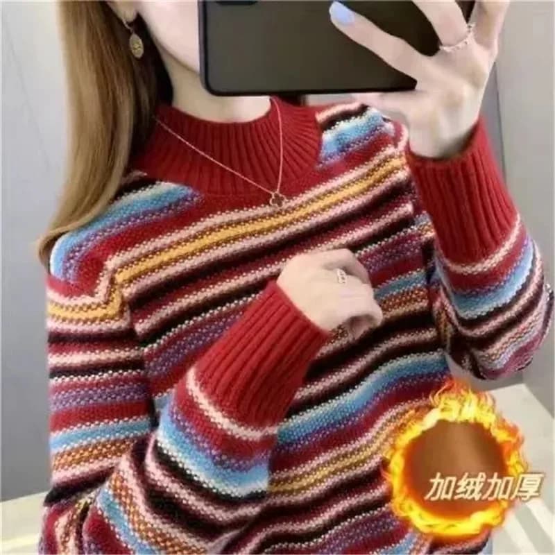 Autumn Winter Half Turtleneck Sweater Women's Stripe Knitted Pullover New Style Thick Warm Tops Female Korean Wild Jumper