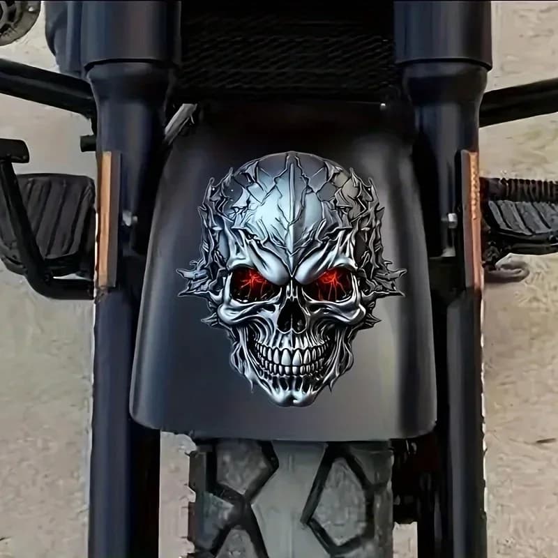 Halloween 3D Metal Skull Decal withRed Glowing Eyes Durable PVC Sticker for Cars Motorcycles Bicycles Self-Adhesive Vinyl Decal