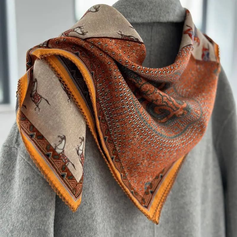 French Pony Totem Orange Silk &wool Cashmere Scarf Mostly Used Small Square Scarf, Scarf, High end Gift, Mom Silk Scarf, Female