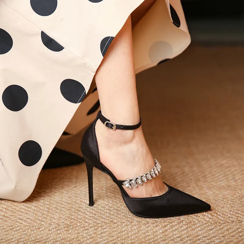 Summer Women's Satin Solid Color Buckle High Heels Fashion Pointed Toe Stiletto Fairy Bow Toe Rhinestone Banquet Sandals