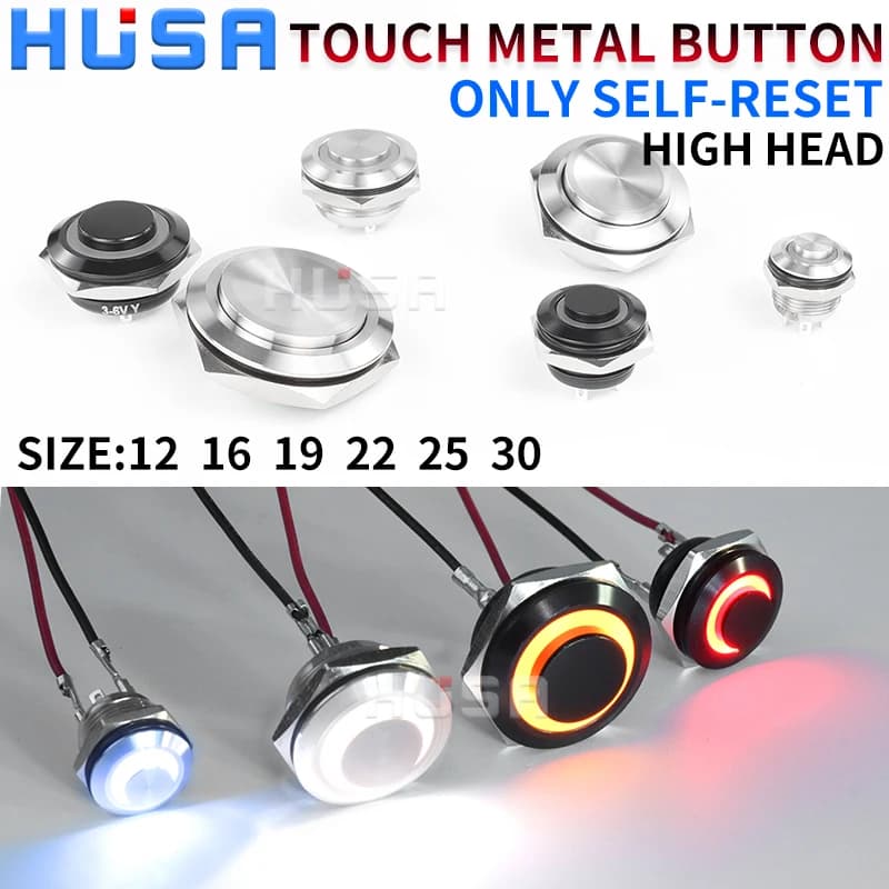 12/16/19/22/25/30mm Short Stroke Mini Waterproof Metal Push Button Switch Power Led Light Momentary 5/12/24/220V black 1NO