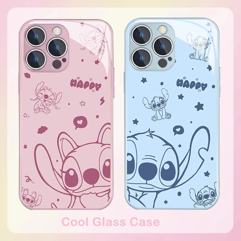 Disneys Pink Stitch Metallic-Color Phone Case For iPhone X XR XS 16 15 14 13 12 Mini 11 Pro Max 7 8 SE 20 Plus Glass Hard Cover