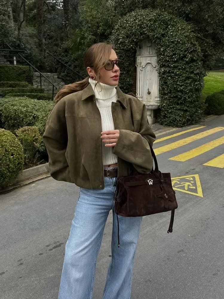 Women Green Suede Short Jacket Fashion Full Sleeve Zipper Lapel Pocket Loose Thick Coat Lady Spring New Casual Commute Outwear