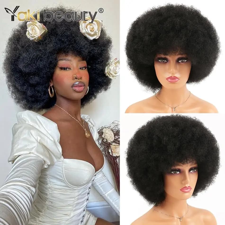Synthetic Afro Kinky Curly Wig With Bangs Soft Short Afro Wig For Black Women 70s Glueless Cosplay Wig Natural Brown Black