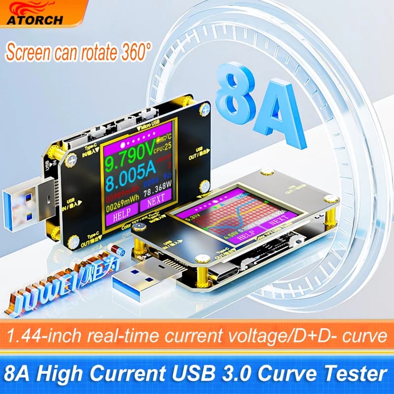 A3 8A USB Tester Type-C Current Voltage Monitor Fast Charging PD Battery Power Bank Capacity DC 32V Ampere Meter